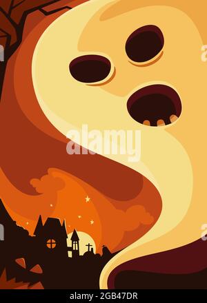 Affiche avec fantôme sur fond de château. Carte postale Halloween en style dessin animé. Illustration de Vecteur