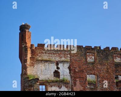 ruines de briques d'un vieux château avec un nid de cigognes sur une cheminée Banque D'Images