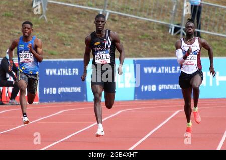 ERIUS Jeff , FALL Mouhamadou et ZEZE Ryan finale 200 m Mens lors des championnats d'athlétisme français 2021 le 25 juin 2021 au stade Josette et Roger Mikulak à Angers, France - photo Laurent Lairys / DPPI Banque D'Images