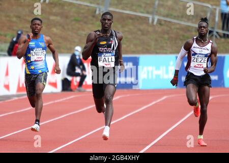 ERIUS Jeff , FALL Mouhamadou et ZEZE Ryan finale 200 m Mens lors des championnats d'athlétisme français 2021 le 25 juin 2021 au stade Josette et Roger Mikulak à Angers, France - photo Laurent Lairys / DPPI Banque D'Images