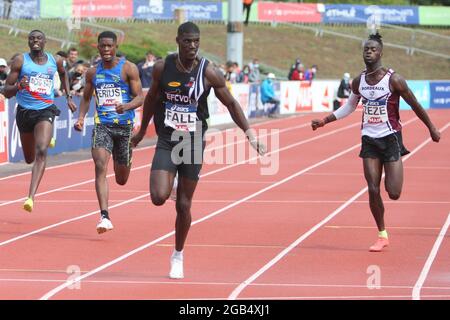 ERIUS Jeff , FALL Mouhamadou et ZEZE Ryan finale 200 m Mens lors des championnats d'athlétisme français 2021 le 25 juin 2021 au stade Josette et Roger Mikulak à Angers, France - photo Laurent Lairys / DPPI Banque D'Images