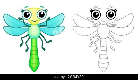 Coloriage insecte pour enfants livre de coloriage. Libellule drôle dans un style de dessin animé. Tracez les points et coloriez l'image Illustration de Vecteur