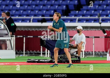 Tokyo, Japon, 2 août 2021. Tony Gustavsson, entraîneur australien, lors du match sémifinal de football féminin entre l'Australie et la Suède, le 10 e jour des Jeux Olympiques de Tokyo en 2020. Credit: Pete Dovgan/Speed Media/Alay Live News Banque D'Images