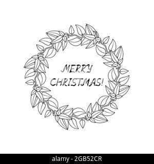 Line Art Christmas Winath Clipart, branches poinsettia avec fleurs rouges. Lettres manuscrites de joyeux Noël. Illustration de Vecteur