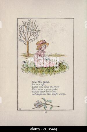 Petite Miss Muffet, Sat sur un tuffet, manger quelques cares et le petit-lait. Il y eut une grande araignée, et s'assit à côté d'elle, et effrayé Miss Muffet loin. Du livre Mother Goose: Or, l'ancienne comptine de Kate Greenaway, gravée et imprimée par Edmund Evans publié en 1881 par George Routledge et fils London nad New York Banque D'Images