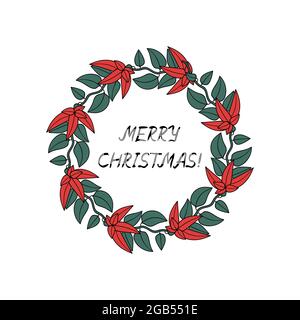 Ligne colorée Art Noël couronne de couronne, branches de poinsettia avec fleurs rouges. Lettres manuscrites de joyeux Noël. Illustration de Vecteur