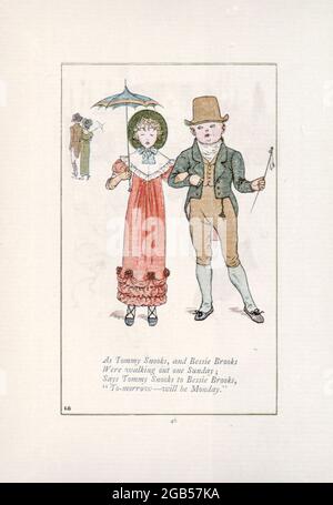 Comme Tommy Snooks, et Bessie Brooks marchaient un dimanche , dit Tommy Snooks à Bessie Brooks, demain sera lundi. Du livre mère Goose : Ou, les vieilles comptines de Kate Greenaway, gravées et imprimées par Edmund Evans publié en 1881 par George Routledge et fils London nad New York Banque D'Images