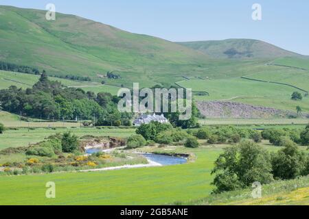 L'eau de Yarrow traverse la campagne écossaise en été. Frontières écossaises, près de Selkirk, Écosse Banque D'Images