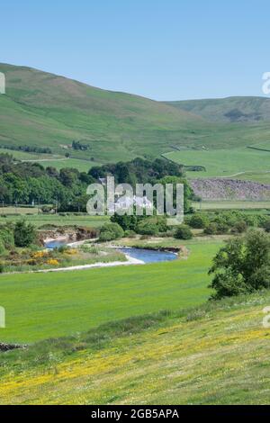 L'eau de Yarrow traverse la campagne écossaise en été. Frontières écossaises, près de Selkirk, Écosse Banque D'Images