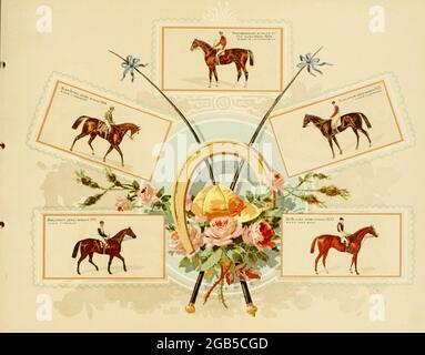 Cartes de courses hippiques de l'« Album des célèbres chevaux de course américains et anglais » de Kinney Bros publié dans New Your en 1888 par Kinney Brothers pour faire progresser les ventes de leurs marques de cigarettes. La Kinney Tobacco Company était une entreprise américaine de fabrication de cigarettes qui a créé la marque de cigarettes Sweet Cabucal et l'a promue avec des cartes de collection. Étant l'un des principaux fabricants de cigarettes des années 1870-1880, il a fusionné en 1890 pour devenir l'American Tobacco Company. Banque D'Images