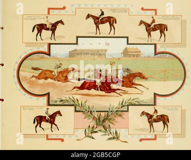 Cartes de courses hippiques de l'« Album des célèbres chevaux de course américains et anglais » de Kinney Bros publié dans New Your en 1888 par Kinney Brothers pour faire progresser les ventes de leurs marques de cigarettes. La Kinney Tobacco Company était une entreprise américaine de fabrication de cigarettes qui a créé la marque de cigarettes Sweet Cabucal et l'a promue avec des cartes de collection. Étant l'un des principaux fabricants de cigarettes des années 1870-1880, il a fusionné en 1890 pour devenir l'American Tobacco Company. Banque D'Images