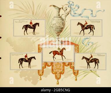 Cartes de courses hippiques de l'« Album des célèbres chevaux de course américains et anglais » de Kinney Bros publié dans New Your en 1888 par Kinney Brothers pour faire progresser les ventes de leurs marques de cigarettes. La Kinney Tobacco Company était une entreprise américaine de fabrication de cigarettes qui a créé la marque de cigarettes Sweet Cabucal et l'a promue avec des cartes de collection. Étant l'un des principaux fabricants de cigarettes des années 1870-1880, il a fusionné en 1890 pour devenir l'American Tobacco Company. Banque D'Images