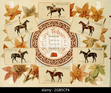 Cartes de courses hippiques de l'« Album des célèbres chevaux de course américains et anglais » de Kinney Bros publié dans New Your en 1888 par Kinney Brothers pour faire progresser les ventes de leurs marques de cigarettes. La Kinney Tobacco Company était une entreprise américaine de fabrication de cigarettes qui a créé la marque de cigarettes Sweet Cabucal et l'a promue avec des cartes de collection. Étant l'un des principaux fabricants de cigarettes des années 1870-1880, il a fusionné en 1890 pour devenir l'American Tobacco Company. Banque D'Images