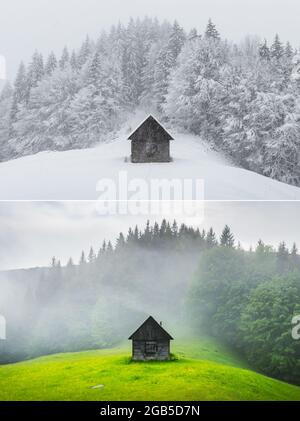 Collage de deux images d'une cabine en bois dans la forêt en différentes saisons - été et hiver. Paysage d'hiver fantastique avec maison en bois dans les montagnes enneigées. Ancienne cabane dans une forêt de foggy verdoyante Banque D'Images