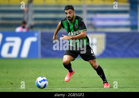 Parme, Italie. 01 août 2021. Francesco Magnanelli de l'US Sassuolo en action pendant le match de football amical d'avant-saison entre Parme Calcio et US Sassuolo. LES ÉTATS-UNIS Sassuolo ont remporté 3-0 victoires sur Parme Calcio. Credit: Nicolò Campo/Alay Live News Banque D'Images