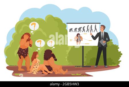 La formation de gens de tribu primitifs étudiant l'illustration vectorielle. Bande dessinée pierre âge caveman groupe de personnages assis à la présentation de conférence sur l'évolution humaine, enseignant en costume enseignement isolé sur blanc Illustration de Vecteur