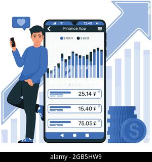 Vector design Young man avec mobile Watching finance App, finance application mobile montrant un graphique des bénéfices en dollars Illustration de Vecteur