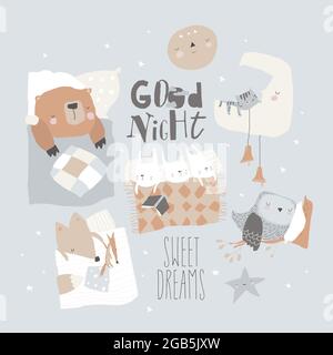 Animaux de dessin mignon dormant dans les lits. Doux rêves Illustration de Vecteur