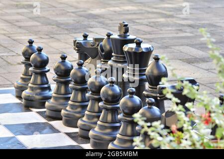 Des pièces d'échecs géantes en plein air. Duel. Banque D'Images