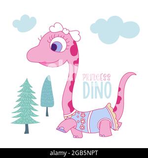 Robe de dinosaure de princesse rose, cute lustration pour t-shirt de pépinière, vêtements pour enfants, invitation, illustration vectorielle. Illustration de Vecteur