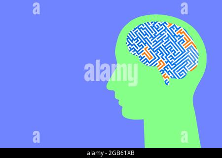 tête multicolore sur fond coloré avec un labyrinthe dans le cerveau Banque D'Images