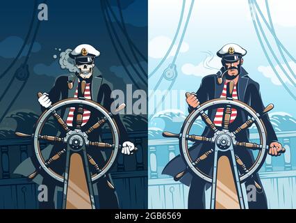 Navire capitaine à la barre contre fond de mer Illustration de Vecteur