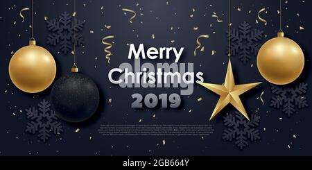 Bannière horizontale avec boule de noël et ornements. Balles dorées et noires suspendues. Illustration vectorielle Illustration de Vecteur