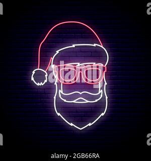 Panneau néon du Père Noël. Panneau lumineux. Motif de Noël vectoriel. Illustration de Vecteur