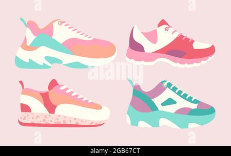 Illustration vectorielle des chaussures Snickers. Cartoon Flat collection de chaussures homme femme mode dans différentes couleurs, baskets chaussures pour le sport de fitness Illustration de Vecteur