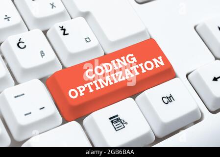 Affichage de l'enseigne optimisation du codage, méthode d'approche d'entreprise de modification du code pour améliorer la qualité du code Résumé dactylographie Nouveau programme antivirus, Typi Banque D'Images