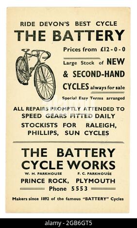 Carte postale publicitaire originale du début des années 1900 pour Battery cycle Works, Plymouth, Devon, Royaume-Uni , vélo d'époque, , vers 1936 Banque D'Images