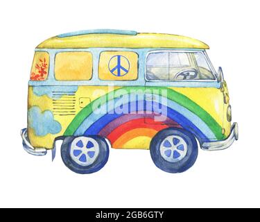 Bus hippie jaune ancien peint dans des couleurs arc-en-ciel. Aquarelle dessin de peinture à la main, isolée sur fond blanc. Banque D'Images