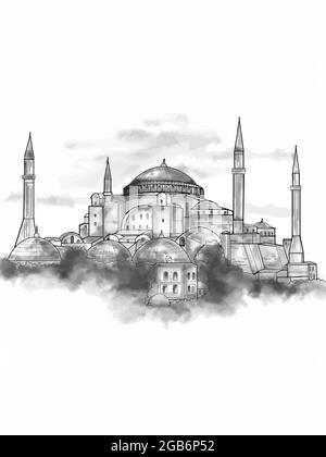 Le musée Sainte-Sophie - Ayasofya en Turquie, illustration et aquarelle de texte Banque D'Images