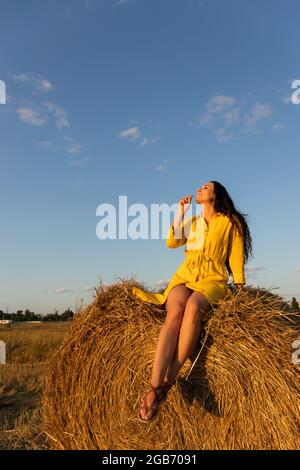 Fille en robe jaune assise sur un haystack sur un terrain. Banque D'Images