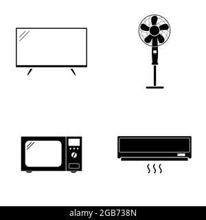 Icônes d'appareils ménagers. Smart TV, ventilateur, four à micro-ondes et climatisation isolés sur fond blanc. Illustration vectorielle. Illustration de Vecteur