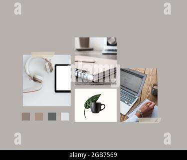 Concept de bureau à domicile. Collage de quatre images avec un espace de travail à domicile. Tableau d'humeur avec espace de copie sur fond beige. Modèle de médias sociaux. Banque D'Images