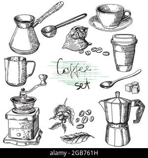 ensemble vectoriel de croquis de café, dessin à main levée, tasse, moulin à café, grains et autres articles. Illustration de Vecteur