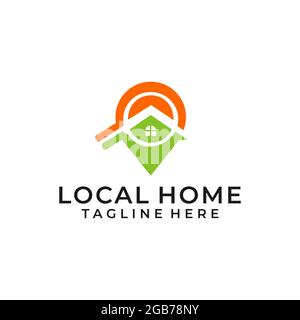 Logo moderne Société immobilière avec épinglette et loupe Illustration de Vecteur