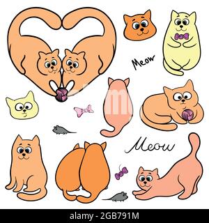 ensemble de chats drôles mignons, dessin vectoriel, chats dans différentes poses, avec une boule, sur un fond blanc, pour des autocollants. Illustration de Vecteur