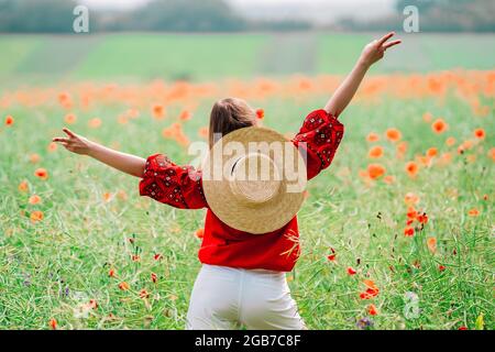 Jeune femme debout à bras ouverts dans le champ rouge des coquelicots. Nature, fleurs de fond. Lady en chemise ukrainienne brodée. National traditionnel Banque D'Images