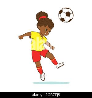 La joueuse de football de fille bat le ballon de football avec sa tête. Illustration vectorielle de style dessin animé, à plat Illustration de Vecteur