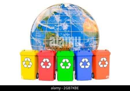 Bacs de recyclage avec Earth Globe, rendu 3d isolé sur fond blanc Banque D'Images