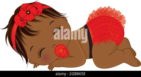 Petite fille afro-américaine portant un bandeau à motif coquelicot et une couche à volants. Vector Black Baby Girl avec sucette Illustration de Vecteur