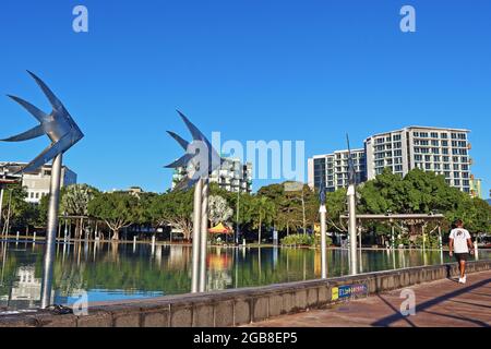 Des sculptures tissées de poissons en acier inoxydable sont debout dans le grand lagon artificiel de l'esplanade de Cairns, en Australie Banque D'Images