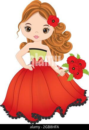 Belle fille portant une robe rouge avec des coquelicots. Vector Girl avec coquelicots Illustration de Vecteur