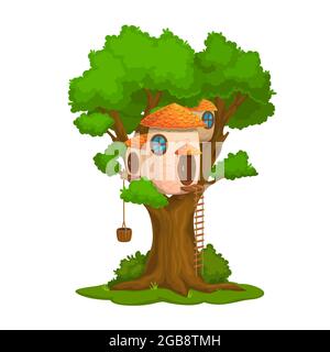 Maison de fées de dessin animé ou habitation sur chêne, vecteur nain ou elf maison. Maison de gnome de conte de fées et magie fantaisie pixies ou maison de lucioles hutte ou abri Illustration de Vecteur