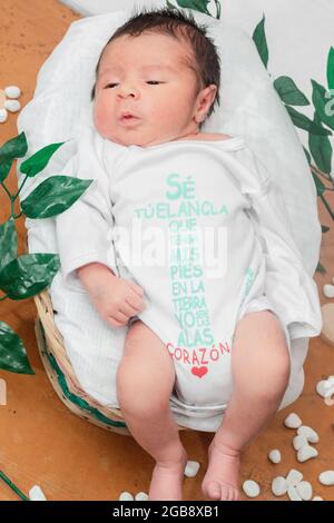 Beau bébé nouveau-né (4 jours), avec les yeux ouverts, vue de dessus, vue de dessus, dans un panier en fibre de bambou et entouré de feuilles vertes, santé c Banque D'Images