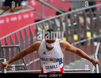 Tokyo, Japon. 3 août 2021. Adam Gemili, de Grande-Bretagne, quitte le terrain après que le 200 m des hommes se soit réchauffé aux Jeux Olympiques de Tokyo en 2020, à Tokyo, au Japon, le 3 août 2021. Crédit: Li Yibo/Xinhua/Alay Live News Banque D'Images