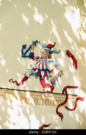 Fresque avec jester, Maison du Carnaval, Düsseldorf, Rhénanie-du-Nord-Westphalie, Allemagne Banque D'Images