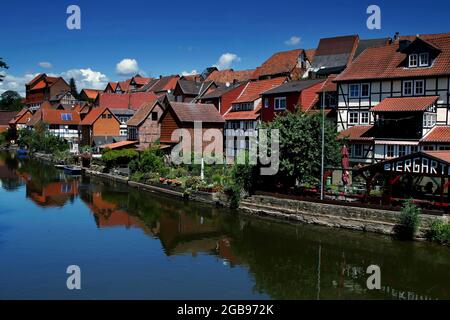 Maisons de pêcheurs sur la Werra, maisons à colombages, spa, ceinture verte, chemin frontalier, Frontière intérieure-allemande, Allendorf, Bad Sooden-Allendorf Banque D'Images